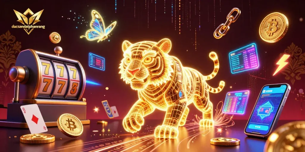 Engage with dacsandatphanrang's vibrant casino landscape bustling with action and neon energy, featuring a golden tiger and holographic butterflies.