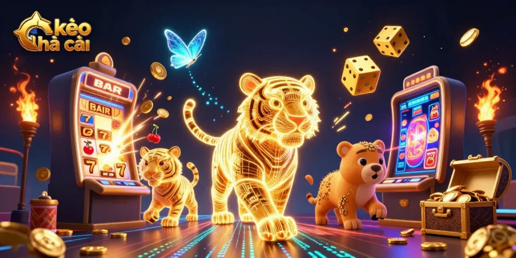 Experience kèo nhà cái adventures with a neon tiger in a vibrant digital casino landscape.