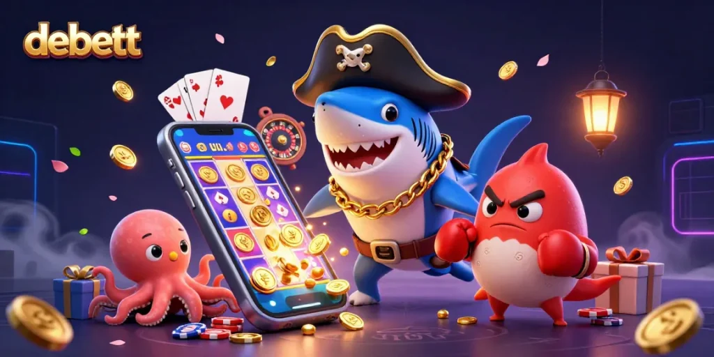 Experience thrilling gaming action with debett’s 3D characters winning gold coins in this vibrant casino scene.