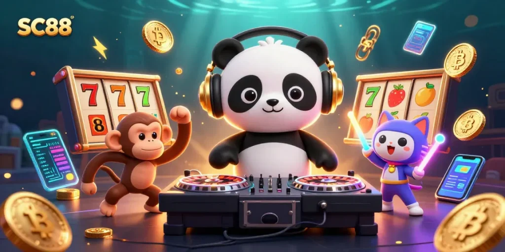 Spin with SC88 for jackpots in an energetic casino environment featuring vibrant characters.