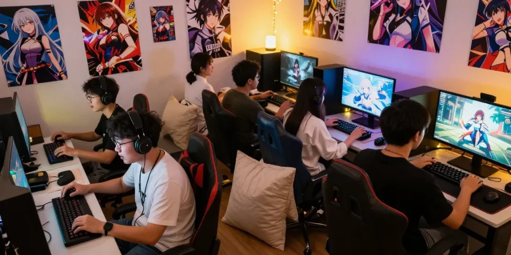 Enthusiastic players enjoying hentai games in a cozy gaming room.