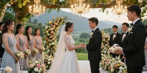 Luxury wedding rings on velvet cushion at a romantic outdoor wedding ceremony with lush greenery
