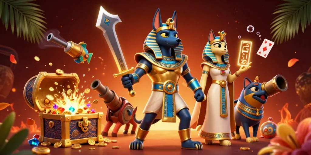 Experience good 88 casino thrill as Anubis and Bastet conjure fortune with floating cards and gold.