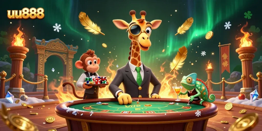 Experience thrilling gameplay at uu888 with a high-roller giraffe, poker table, and vibrant casino elements.