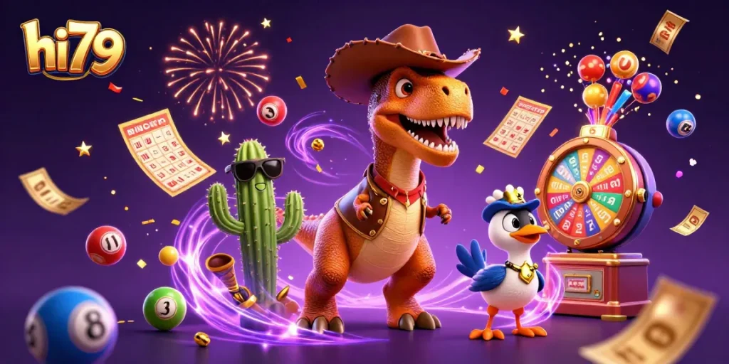 Engage in thrilling lottery action with hi79, featuring vibrant balls and lively characters.