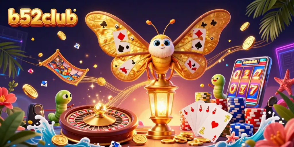 Engage with b52club through a thrilling scene featuring a magical moth amidst vibrant casino elements.