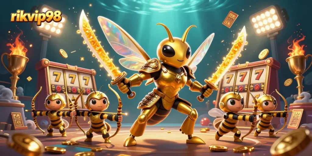 Win big with rikvip98 in this vibrant casino scene showcasing gold and dynamic gaming elements.