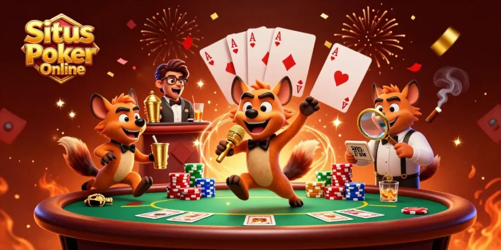 Situs Poker Online, enjoy a lively poker scene with cartoon hyenas performing comedy.