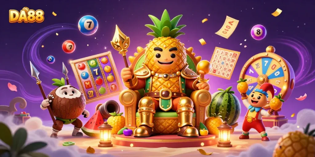 Experience the thrill of DA88 as the golden pineapple king rolls the slots with a coconut army at a beach casino.