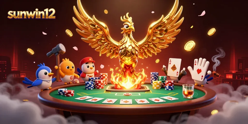Experience the thrill of winning at sunwin12 with golden phoenix and poker elements in an action-packed scene.