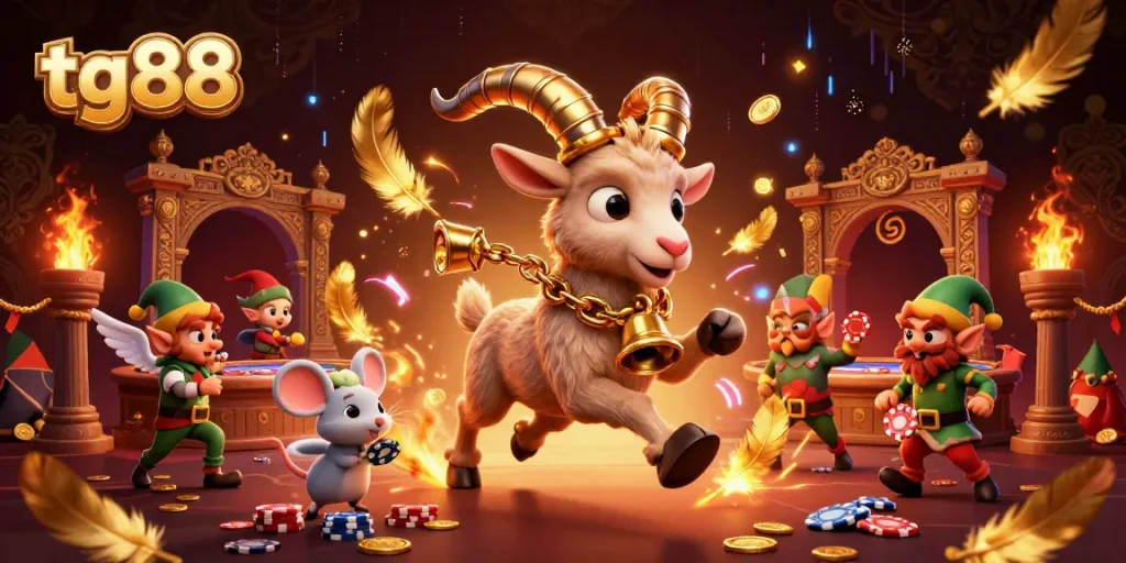 Tg88 casino features energy with Krampus and angel mouse amidst festive gaming chaos, showcasing vibrant dynamics.