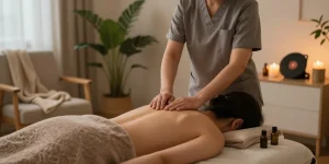 Relaxing 출장안마 session in a serene home atmosphere with soothing elements.