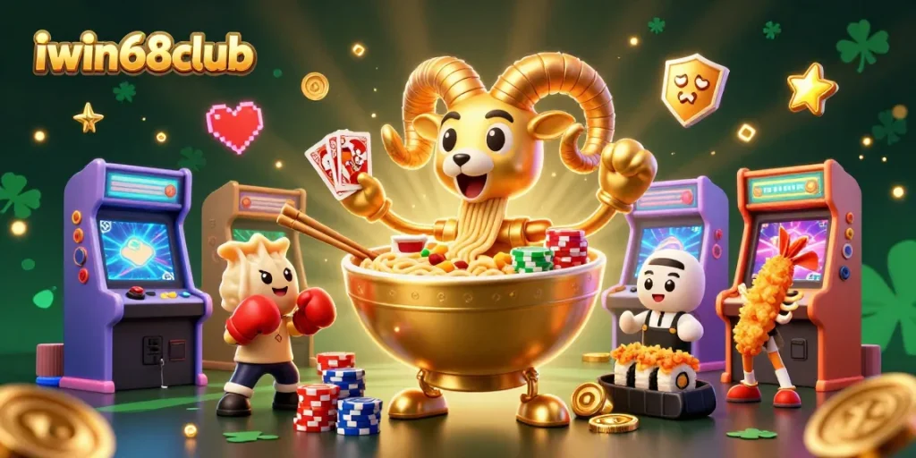 Join the fun at iwin68club with vibrant gaming elements and dynamic characters in an exciting 3D casino scene.