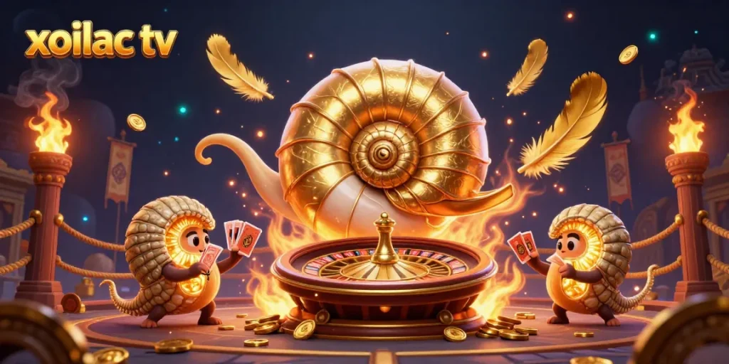 Xoilac TV showcases a dynamic gambling scene featuring a giant nautilus roulette wheel and glowing ammonites, perfect for sports betting.