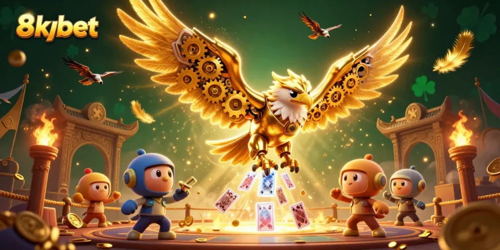 Experience thrilling gameplay with 8xbet, featuring a golden eagle amidst holographic cards and betting tokens.