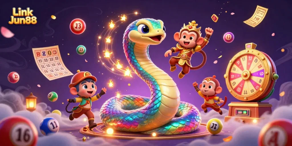 Spin and win with Link Jun88 in a vibrant illustration featuring a magic serpent and playful elements of gambling.