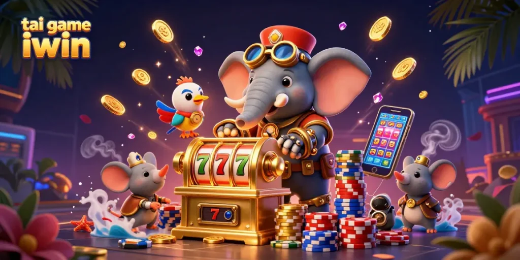 Play thrilling tai game iwin with vivid scenes of winning, featuring stunning slot machines and animated characters.