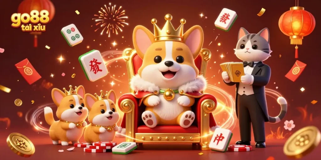 Experience go88 tài xỉu excitement with a royal corgi on a poker chip throne in this vibrant casino illustration.