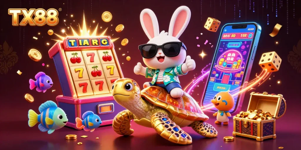 Experience excitement with TX88 as the lucky rabbit and sea turtle celebrate a jackpot!