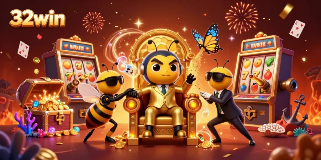 Experience the vibrant world of 32win with spinning slot machines and golden treasures.