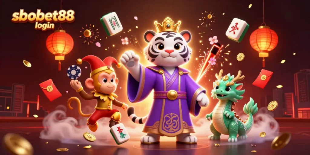 Experience sbobet88 login with vibrant characters in a lively online casino scene filled with gaming elements.