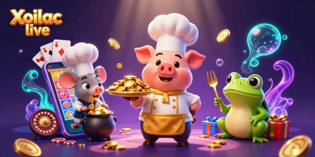 Xoilac live stream featuring animated chef pig serving gold coins with vibrant casino elements.
