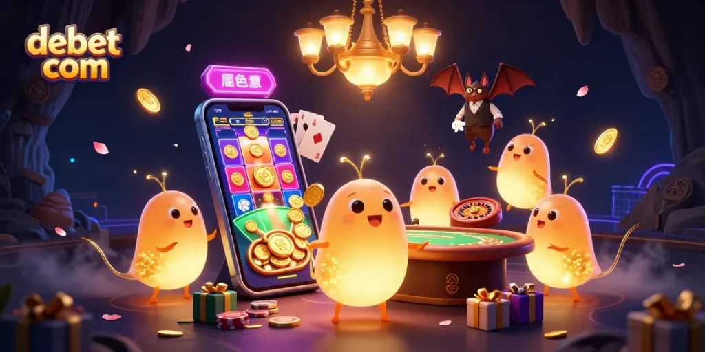 Experience luminous fun with debet com's vibrant casino scene featuring glowworms and a bat dealer.
