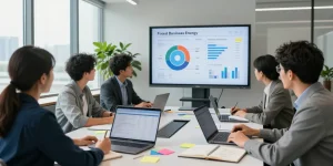 Team collaborating in a modern office discussing fixed business energy solutions.