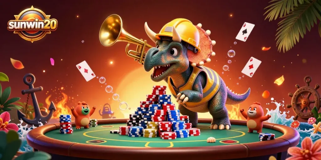 Experience exciting poker action with sunwin20 as cartoon dinosaurs celebrate in a vibrant casino scene.