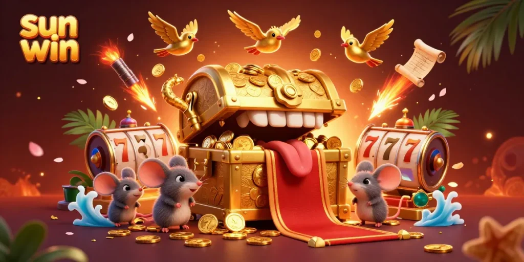 Experience the excitement of sun win with a vibrant 3D illustration of a golden chest and rich gaming symbols.