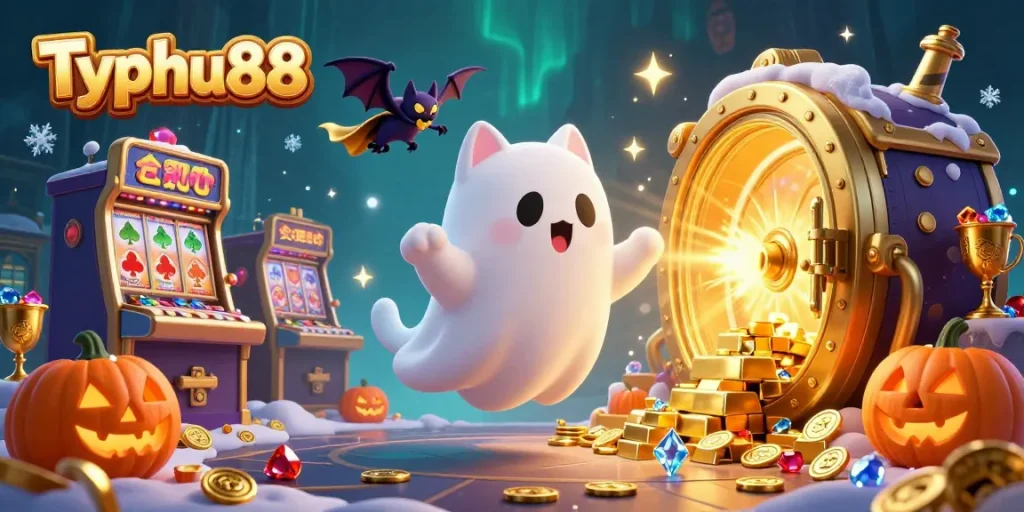Engage in winning at Typhu88 with vibrant gaming elements in a magical casino scene full of treasures.