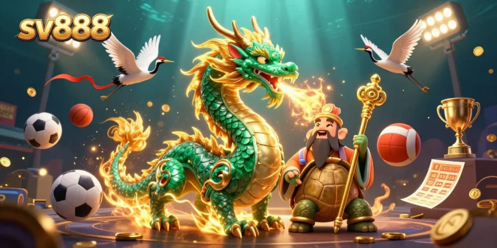 Engage with sv888's immersive casino experience through vibrant 3D visuals of a jade dragon and gaming elements.