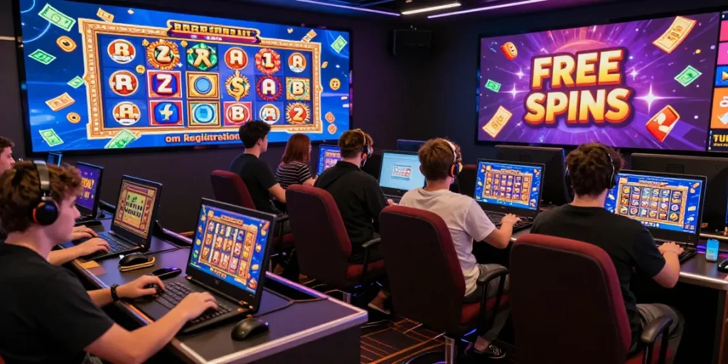 Engaging online casino experience with players enjoying free spins on registration UK, vibrant slot games, and a celebratory atmosphere.