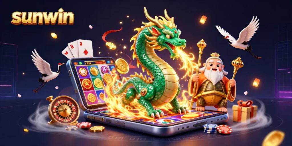 Engaging scene showcasing the sunwin brand with a jade dragon, turtle sage, and lucky cranes in a vibrant casino setup.
