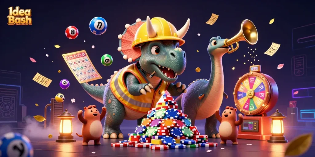 Engage in gaming excitement with Idea Bash as charming dinosaurs celebrate around vibrant lottery elements.