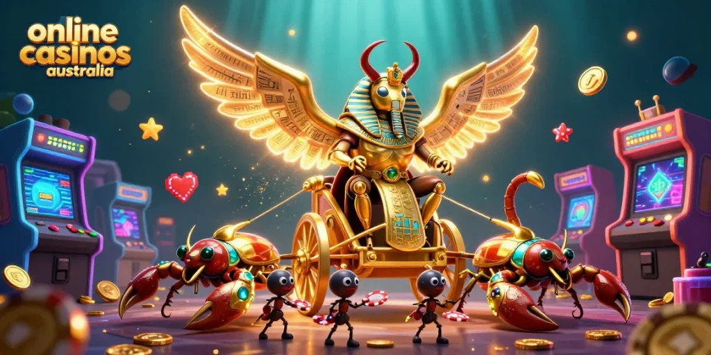 Experience vibrant gameplay at online casinos Australia with a vivid chariot race in a casino world.
