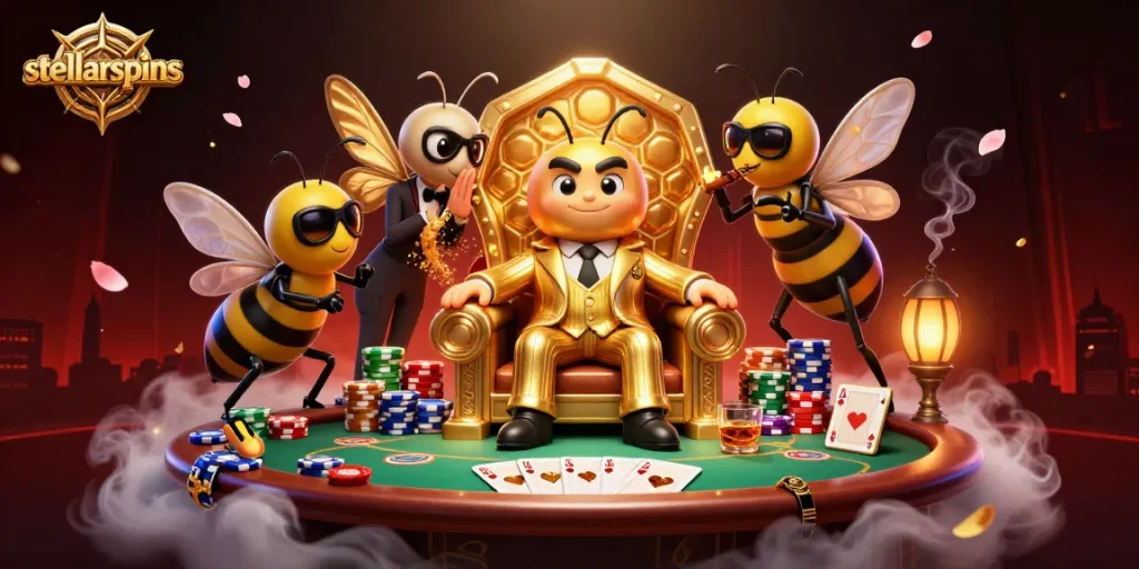 Engage with stellarspins as a bumblebee mob boss presides over a vibrant poker scene.