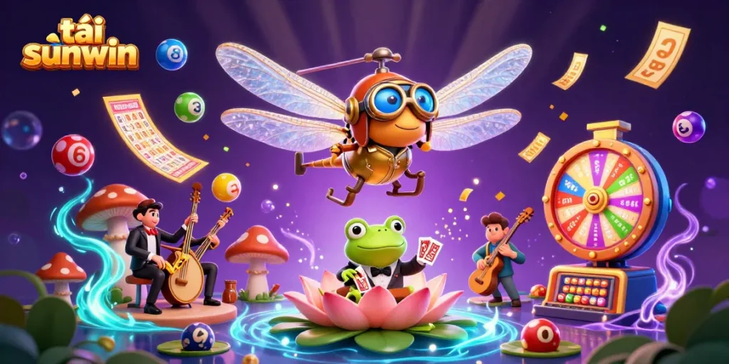 Engage with tải sunwin as a dragonfly pilot oversees a vibrant lily pad casino scene filled with dynamic lottery elements.