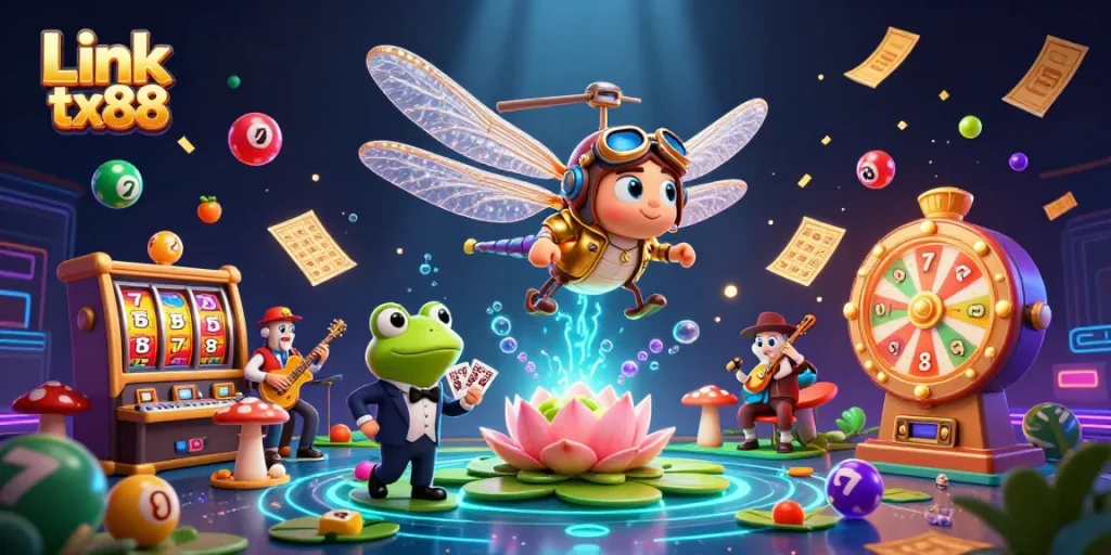 Experience thrilling excitement with Link tx88 at an engaging lily pad casino featuring lively characters and dynamic game elements.