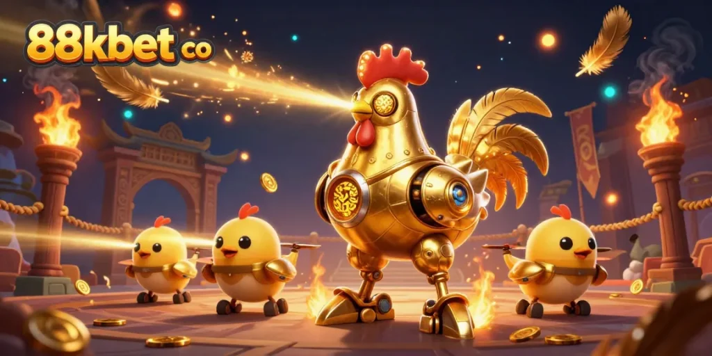 Engage with the thrilling action of 88kbet co as golden robot rooster leads baby chick drones through a vibrant, dynamic gaming scene.