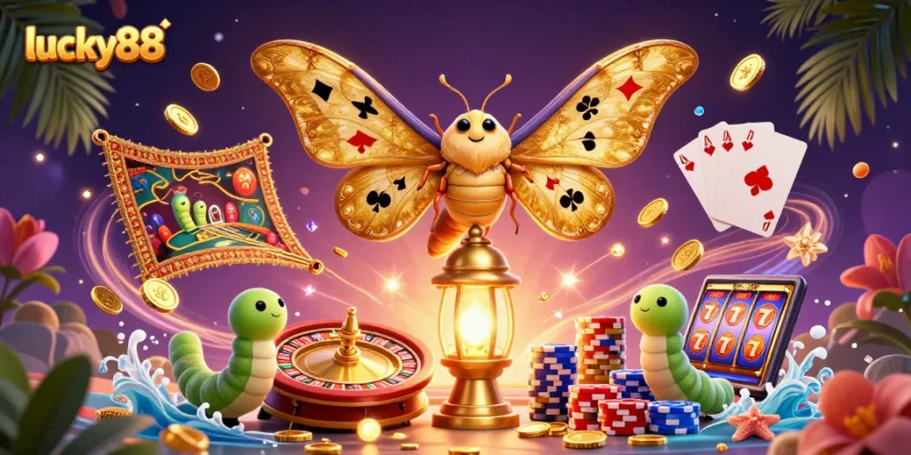 Experience the excitement of lucky88 with vibrant casino scenes and golden treasures in this dynamic illustration.