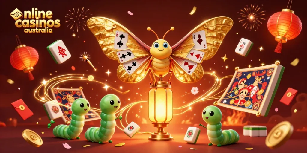 Engage with online casinos Australia through vibrant casino-themed illustration featuring a majestic moth and lively elements.