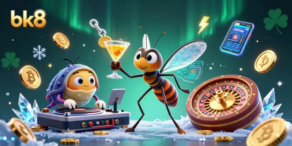 Experience the thrill of bk8 with a lively casino mascot surrounded by shiny crypto coins.