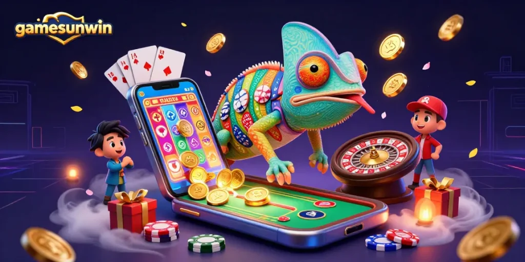 Experience gamesunwin with colorful slots, poker elements, and a vibrant casino atmosphere.