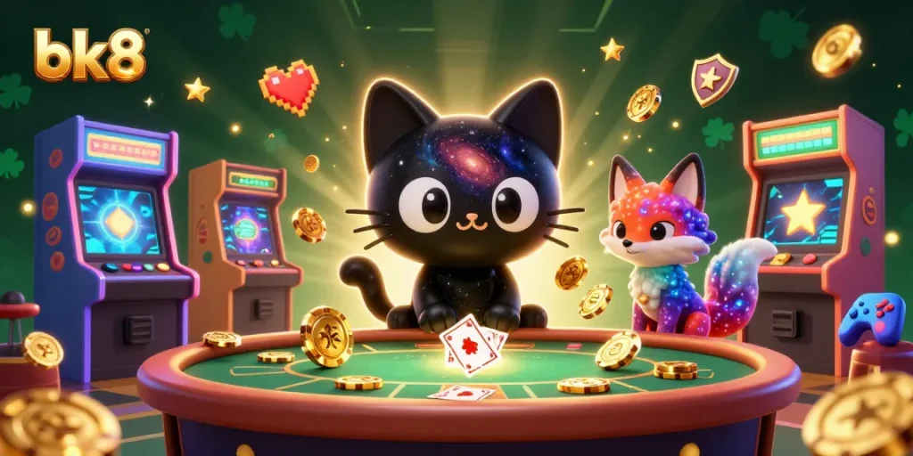 Engage in thrilling bk8 casino gaming with vibrant cosmic characters and gold coins swirling around.
