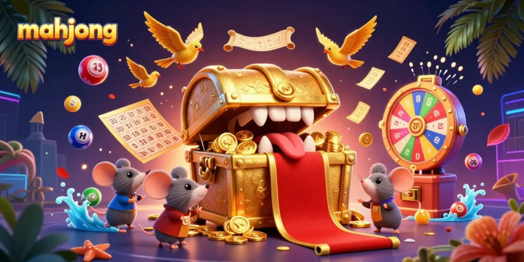 Engage in mahjong action with treasure chests, colorful lottery balls, and dynamic casino elements.